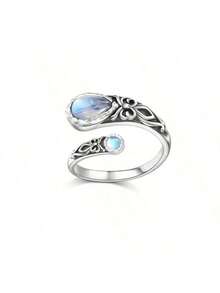 1pc Vintage Bohemian Moonstone Adjustable Open Ring With Spoon & Design - Antique Silver - 查看 5