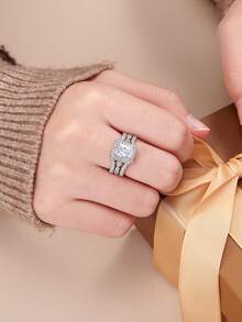 AIHUASI 2 件套可拆卸护戒承诺结婚订婚戒指套装女士纯 925 纯银 6*8 毫米 1.88 克拉明亮式切割高级方晶锆石新娘套装精美珠宝情人节礼物