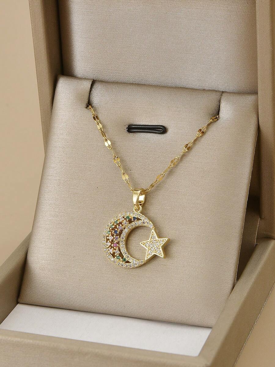 1pc Luxury Fully Rhinestone Embellished Star & Moon Sparkling Stainless Steel Necklace For Women - Yellow Gold - View 1