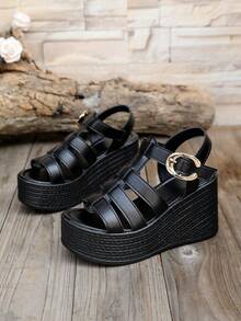 Women's Platform Multi-Strap Sandals, Fashion Dark-Colored Wedge Heels,Spring Summer Outfits - Black - View 6