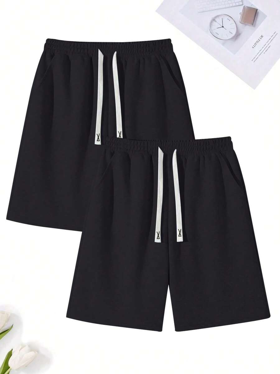 2 件套男士夏季休闲运动短裤，适合锻炼，配有可调节抽绳腰带、侧袋，采用吸湿排汗针织面料制成，柔软舒适，非常适合健身、篮球、训练、跑步、锻炼、街头风格、露营、徒步旅行、户外活动和日常穿着 - 黑色 - 查看 1