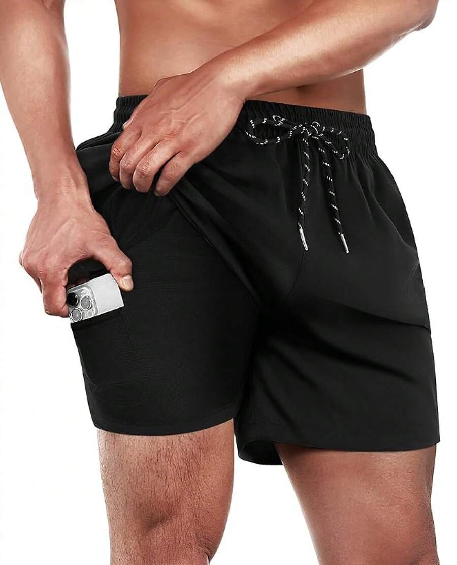 Mens Swim Trunks With Compression Lined Short Bathing Suits For Men 5 Inch Inseam Liner Men's Swimming Trunk - Black - View 1