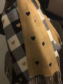 Lenço Reversível de Cashmere-Feel Xadrez Tartan para Mulheres, Xale Unissex Quente para Outono/Inverno, Lenço de Enrolar Fashionável de Dupla Face em Formato de Coração para Senhoras, Lenço Grande Macio e Confortável de Inverno