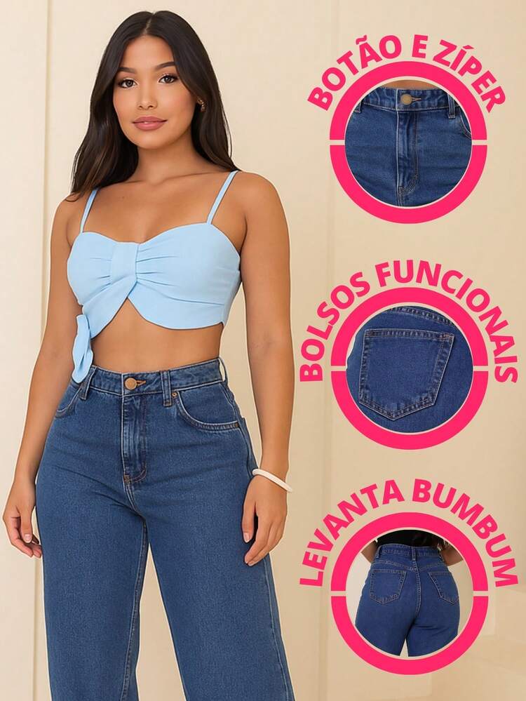 Stillger Moda Jeans Calça Feminina Wide Leg Jeans Pantalona Cintura Alta Stillger - Lavagem Média - Visão 7