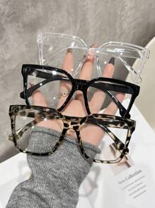 1/3 Paire de lunettes transparentes surdimensionnées carrées en polycarbonate (PC) avec imprimé léopard bohème pour femmes, toutes saisons
