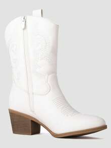 GLOBALWIN Women's Mid Calf The Western Cowgirl Boots Fashion Cowboy Boots For Women Chunky Low Heel Fall Boots Halloween Season - trắng - Xem 6