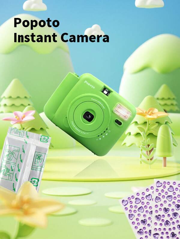 popoto Cámara instantánea Popoto, para películas instantáneas mini, modo de recomendación inteligente con medición automática, cámara compacta y linda para estudiantes, con 10 hojas de películas.(Batería no incluida)