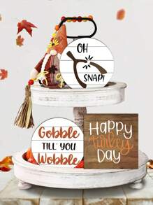 Set de 3 piezas, 1/120 Set de decoraciones de bandeja escalonada de madera 2D Feliz Día de Acción de Gracias para fiesta de otoño y decoración de mesa, letreros de madera rústicos de pavo que cacarea para decoración de mesa de granja (sin bandeja)