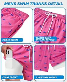 Bañador de hombre con forro de compresión, pantalón corto de baño de 5 pulgadas de entrepierna para hombres - Tiburón rosa - Ver 3
