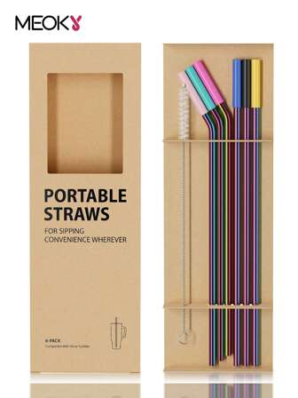 Meoky 6-Pack Stainless Steel Drinking Straws, Durable & Reliable, Round Shape With Cleaning Brush, Hand Wash Only, Reusable Straws For Water Bottles With Special Straw Feature (Solid Color)