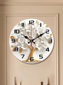1 pieza Reloj de pared elegante y silencioso de 10 y 12 pulgadas con diseño floral blanco y árbol dorado, revestimiento de madera - Perfecto para la decoración de la sala de estar, dormitorio, cocina, oficina - Regalo perfecto para el Día de San Valentín o el cumpleaños Decoración de habitación Reloj digital Despertador