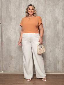 ONLYONE - PLUS SIZE WOMEN'S BLOUSE, SHORT SLEEVE, PRINCESS, PLEATED NECKLINE, LIGHT DUNES - ELEGANT WOMEN'S BLOUSES, LARGE - Mocha Brown - View 5