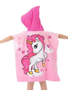 SHENG CHUN 1pc Microfiber Children Hooded Towel, Multi-Size, Absorbent Warm Cloak, Versatile For Swimming, Beach, Bathroom, Pink Unicorn Cartoon Print - Watermelon Pink - View 6