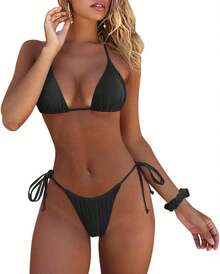 Bikini brasileño sexy para mujer, conjunto de 2 piezas con top de tirantes finos y tanga - 071-cb Flor - Ver 8