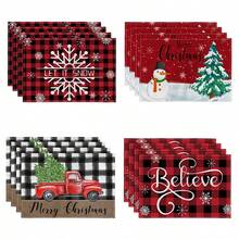 1/2/4/6/8pcs Christmas Digital Print Placemats, Red Holiday Pattern Printed Placemats For Table Decoration, Applicable For Daily, Festival, Party, Birthday, Wedding, Banquet, Kitchen, Dining Room And Other Home Decor - Multicolor - View 3