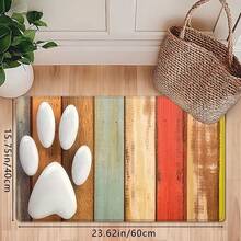 1 pieza Felpudo vintage de madera de colores y estampado de huella de pata blanca para cocina, alfombrilla de baño suave y absorbente antideslizante, alfombra decorativa de entrada para vacaciones, alfombra decorativa rectangular de pelo bajo para sala de estar, dormitorio, cocina, entrada