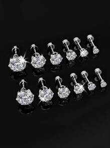 Conjunto de 6 pares de brincos de tarraxa de aço inoxidável com zircônia de 3 a 8 mm, versáteis e modernos, com parte traseira plana, adequados para mulheres e homens, estilo minimalista e elegante, presente delicado