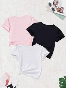 3pcs/Set Girls' Cute Heart Print Round Neck Short Sleeve T-Shirts, Summer - Multicolor - View 2