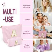 2 PCS Initial Makeup Bags For Women: Cosmetic Bag For Travel Toiletry - Birthday Gifts For 11 12 13 14 15 16 17 18 Years Old Girl Graduation Teacher Gift- Teen Girl Gifts Stuff - Pink A