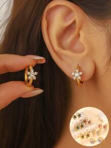 1 Pair Fashionable Minimalist Stainless Steel 18k Gold Plated Colorful Shiny Zirconia Four-Leaf Clover Flower Hoop Earrings, Hypoallergenic, Suitable For Women's Daily & Festival Accessories Or Gift, Especially For Summer Vacation