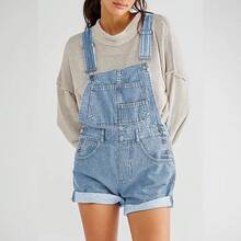 Women Denim Bib Overalls Shorts Adjustable Straps Rolled Cuff Shortall Rompers Denim Jumpsuit Dungaree - Baby Blue - View 1