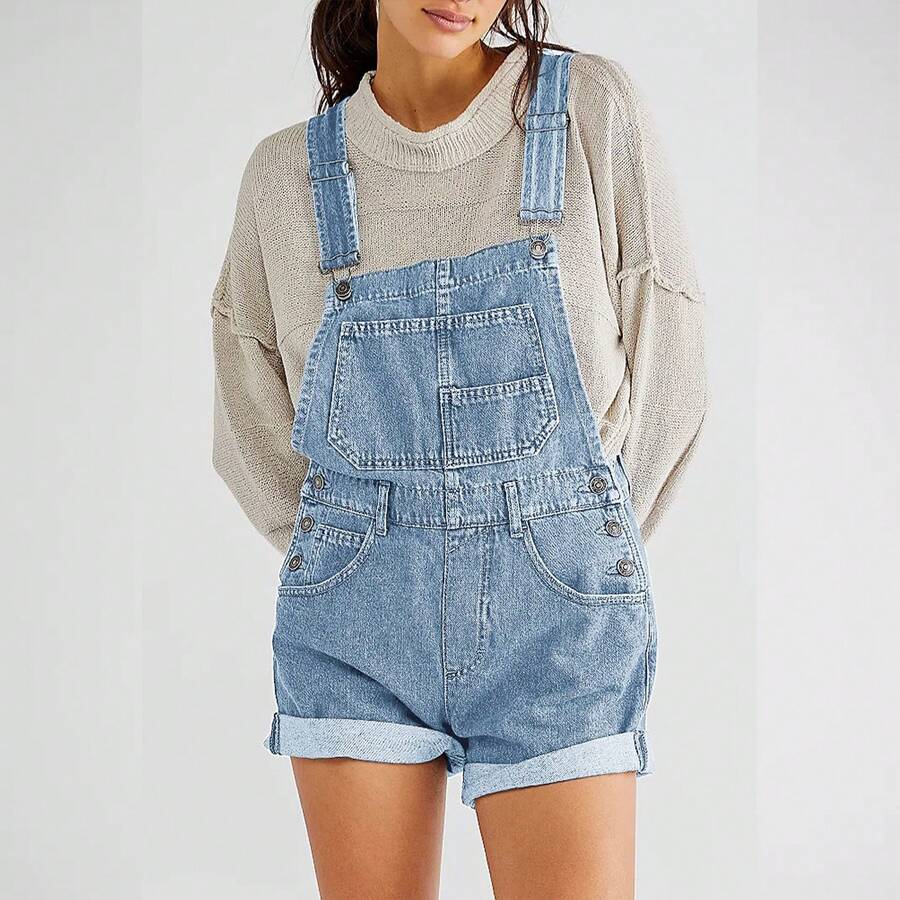 Women Denim Bib Overalls Shorts Adjustable Straps Rolled Cuff Shortall Rompers Denim Jumpsuit Dungaree - Baby Blue - View 1