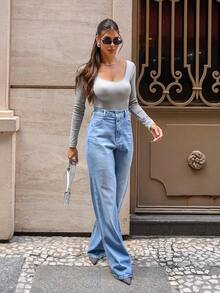 Manon Store Women's Wide Leg Jeans High Waist Light Wash Simple Casual Elegant Denim Zipper Button Pocket Daily Travel Evening Holiday - 霧霾藍 - 查看 4