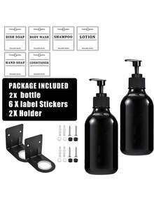 WCIC Bộ bình đựng dầu gội và dầu xả PET đen sáng 500ML, bình đựng dạng bơm có giá đỡ gắn tường, lắp lỗ đục, bình đựng kem dưỡng da, bình đựng xà phòng tắm có nhãn, bình đựng xà phòng rửa chén có thể nạp lại, bình đựng dầu gội và dầu tắm cho phòng tắm, vòi sen gắn tường, trở lại trường học - Nhiều màu - Xem 13