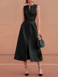 Váy dài màu trơn mùa hè, Váy dài màu trơn tối giản, Váy không tay đi làm công sở phong cách công sở có thắt lưng và nút, Váy bó đa năng hàng ngày, Váy bó eo, Váy chữ A có viền váy - màu đen - Xem 1