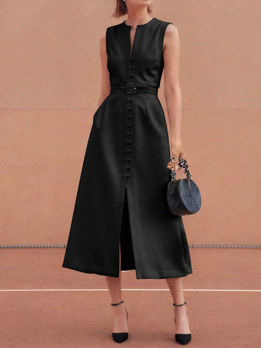 Váy dài màu trơn mùa hè, Váy dài màu trơn tối giản, Váy không tay đi làm công sở phong cách công sở có thắt lưng và nút, Váy bó đa năng hàng ngày, Váy bó eo, Váy chữ A có viền váy - màu đen - Xem 1