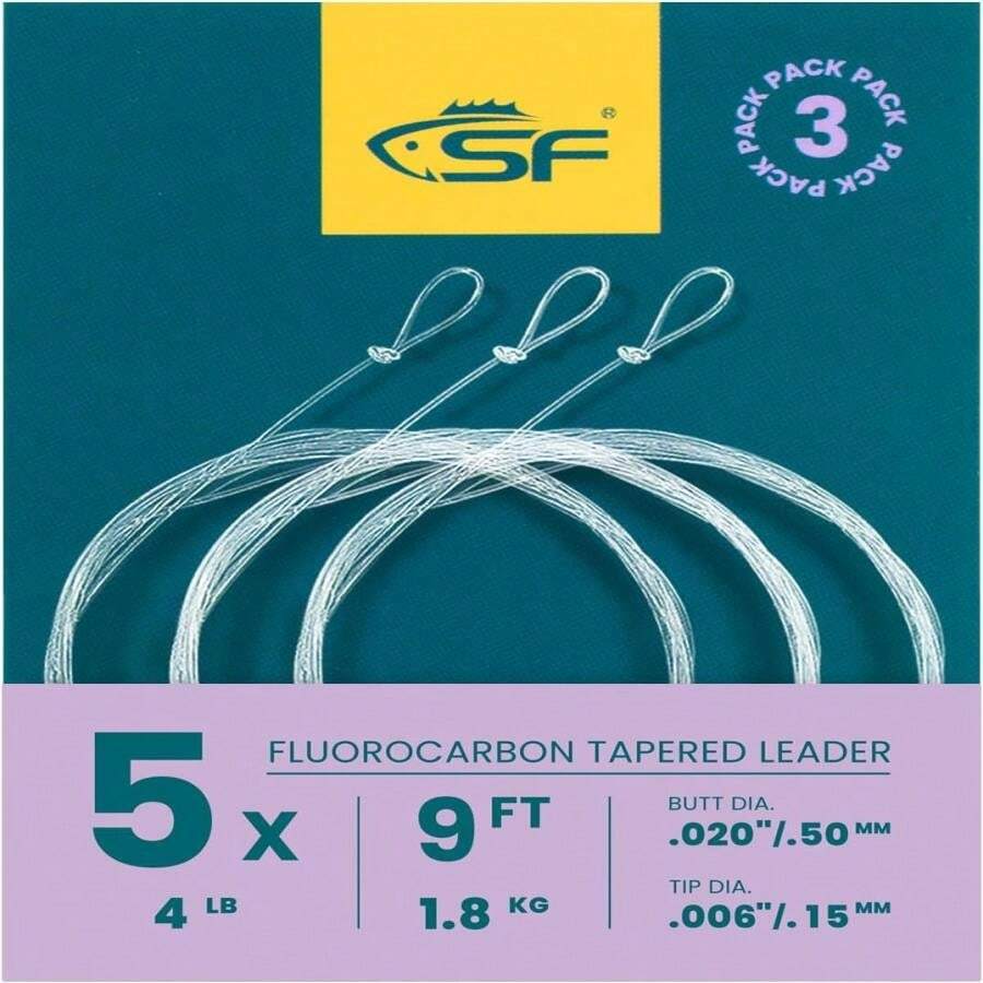 3 paquetes de líderes de fluorocarbono con ojo pre-anudado para pesca con mosca, tamaño 0X, 1X, 2X, 3X, 4X, 5X, 6X, 7X, longitudes de 7.5 pies, 9 pies, 12 pies - 9 pies y 5X - Ver 1