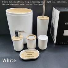 6er Badezimmer Accessoires Set, Kunststoff & Bambus Bad Ensemble Kit mit Seifenspender, Zahnputzbecher, Zahnbürstenhalter, Seifenschale, Toilette-Bürste & Halterung, Mülleimer, Geschenkset für Geburtstag, Feiertage, Einweihung, Weihnachten, in den Farben Schwarz, Weiß und Grau erhältlich
