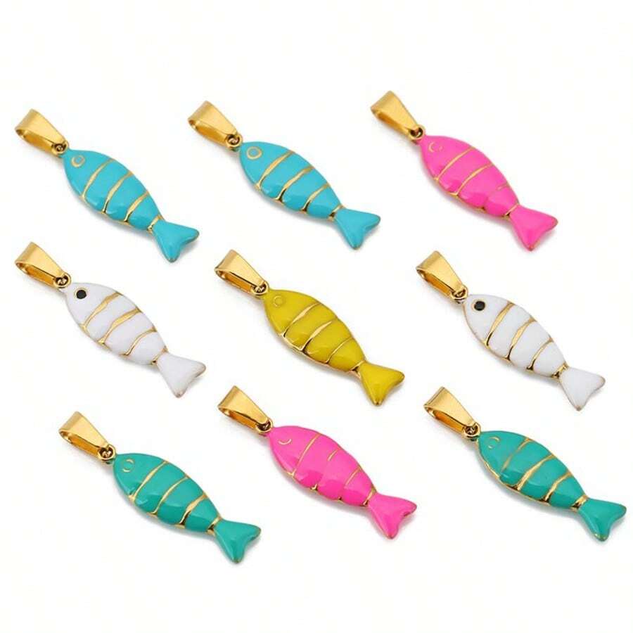 5 件不锈钢彩色珐琅鱼形饰品 DIY 项链耳环条纹鱼吊坠制作用品配件
