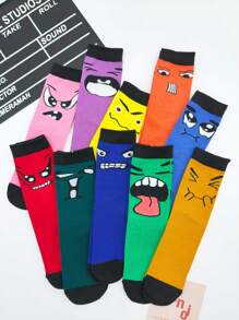 3 Pairs Random Color Block Funny Expression Street Fashion Mid-Calf Socks For Women, Style For Students And Couples