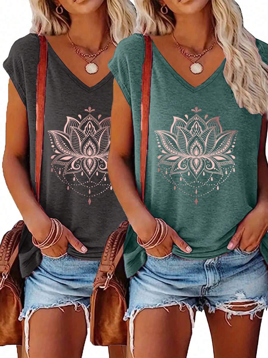 2pcs Solid V-Neck Short Sleeve T-Shirts, Casual Women's Tops For Spring/Summer - Multicolor - View 1