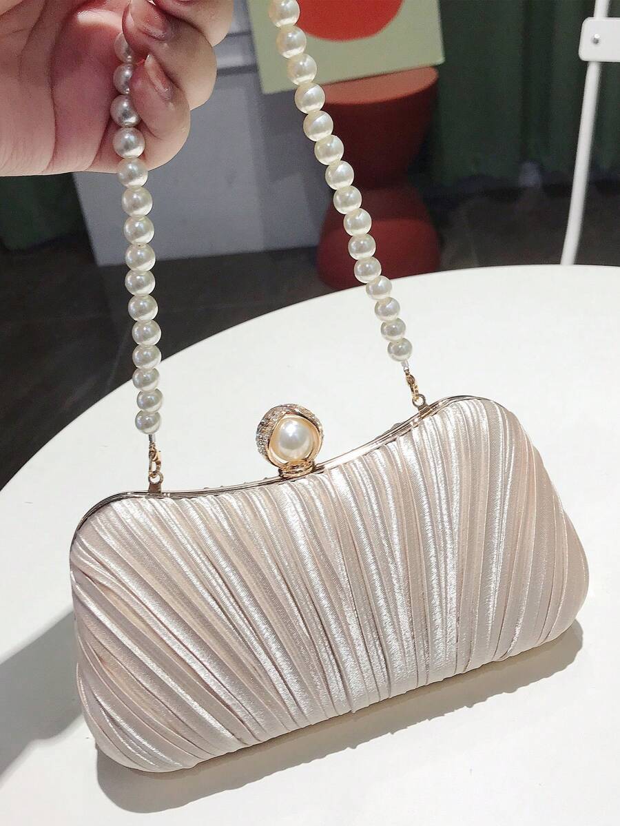 1 pezzo Pochette tessuta a righe champagne per donna, versatile borsa a tracolla con catena di perle, alla moda per serate, matrimoni, cocktail, abbinabile con abiti