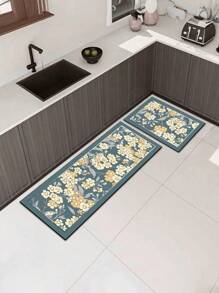 1 pezzo Stuoia da cucina in silicone per il fango, con motivo floreale in blu-verde e beige, stile elegante campagnolo vintage, spessore 3 mm, impermeabile, tappeto antifatica per la cucina, adatto per cucina, bagno, ingresso, lavanderia