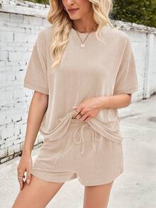 Women's Two Piece Number Stripe Short Sleeve Drawstring Shorts Casual Loungewear Set - Màu be - Xem 4