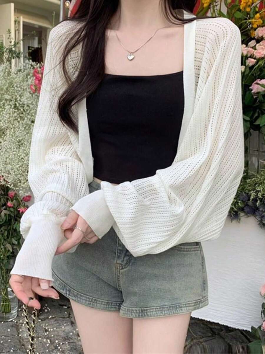 Knitted Cover Up For Women, Thin Summer Sunscreen Shawl, Short Style Outwear, Light Weight Jacket - White - View 1