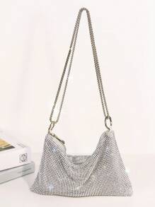 Lightweight,Casual Rhinestone Ring Linked Square Bag Evening Bag,Dinner Bag Glamorous,Elegant,Exquisite For Party Girl,Woman,Bride Perfect For Party,Dinner,Banquet,Gorgeous And Fashionable Sparkling Rhinestone Set With Diamond Knots, Hand-Held Dinner Bag