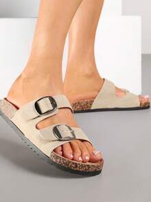 Women's Adjustable Buckle Design Casual Versatile Slide Sandals - Beige - View 2