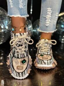 Zapatos deportivos de mujer decorados con cristales y piedras preciosas brillantes para otoño/invierno, zapatillas informales con plataforma de moda, zapatos planos cómodos y multifuncionales con cordones blancos, tallas grandes - Caqui - Ver 4