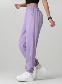 1pc Women's Solid Color Casual Pocket Design Pants, Versatile For Daily Wear, Hiking, Traveling, Trekking, Running, Cycling, Jogging