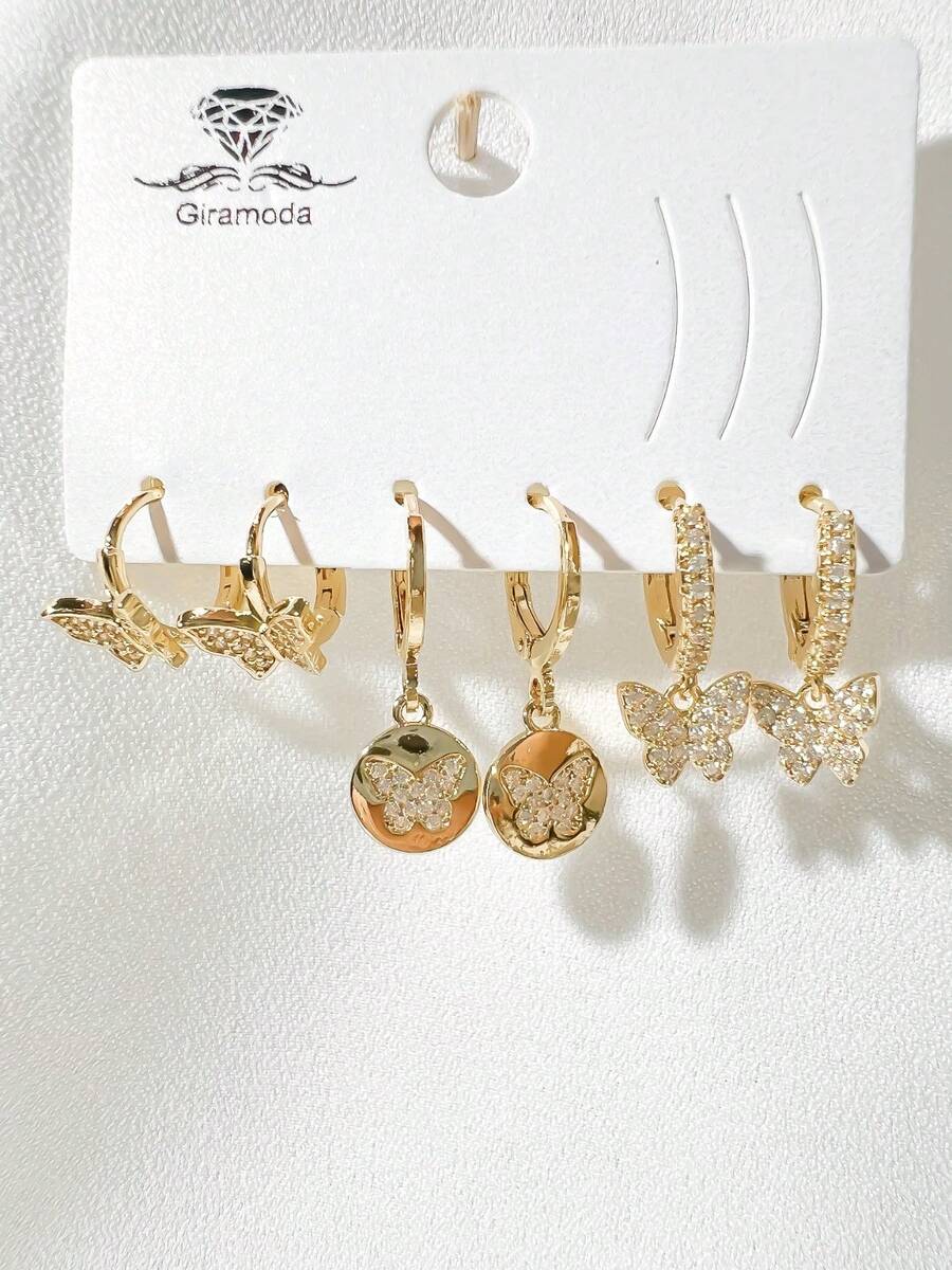 Kit Of 3 Earrings Studded With Zirconia Stone, Small Hoop, Heart Pendant, 18k Gold Plated And 925 Silver - 53 - 查看 1