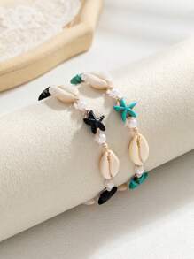 1 pièce Style bohémien de plage Bracelet de cheville tressé imperméable avec étoile de mer turquoise et fausses perles pour femmes, convient pour le port en vacances
