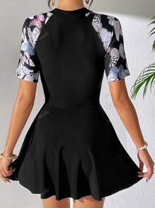 Pelagicus Women's One Piece Swimsuit, V-Neck Butterfly Print, Umbrella Silhouette, Medium Stretch Polyester & Spandex, Removable Padding, Zipper Detail, Traditional Hemline, Moderate Coverage, Summer Beach Vacation Hawaiian Style, Elegant & Cute, Suitable For Graduation Season