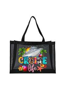 1 件装网状沙滩包尼龙材质字母印花沙滩网手提包，容量大，自己使用或赠送他人，返校用品沙滩包，防水背包度假包，适合朋友、妈妈、老师、母亲节礼物，夏季必备品，沙滩必备品 - 彩色 - 查看 10