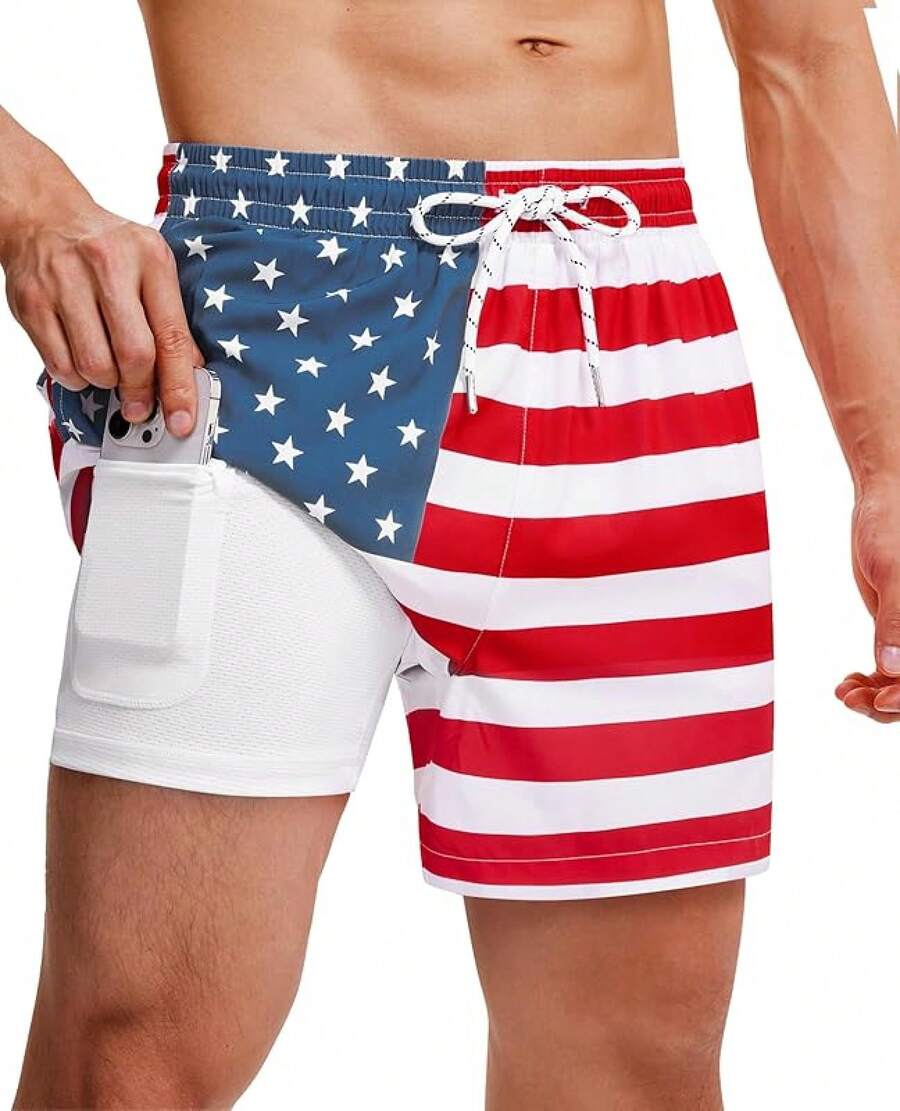 Mens Swim Trunks With Compression Lined Short Bathing Suits For Men 5 Inch Inseam Liner Men's Swimming Trunk - American Flag - View 1