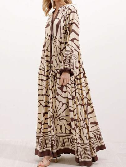 Women's Monochrome Floral And Geometric Print Splicing Lantern Sleeves Half-Open Front Placket Small Stand-Up Collar Dress Split A-Line Loose And Elegant Casual Vacation Maxi Dress