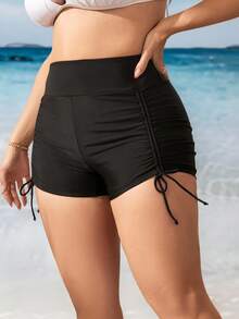 Swim Lushoire Summer Beach Plus Drawstring Ruched Side Bikini Shorts - Black - View 5